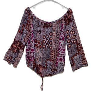 Knox Rose Bohemian Patchwork Off Shoulder Long Sleeve Boho Blouse Large